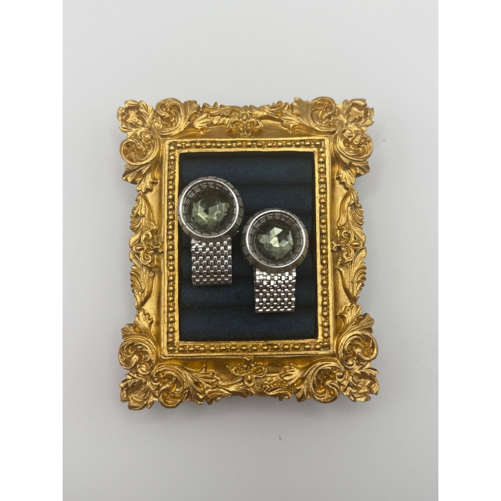 Swank Wrap Cufflinks OS Silver Tone Mesh Green Glass Stone Mid Century Modern